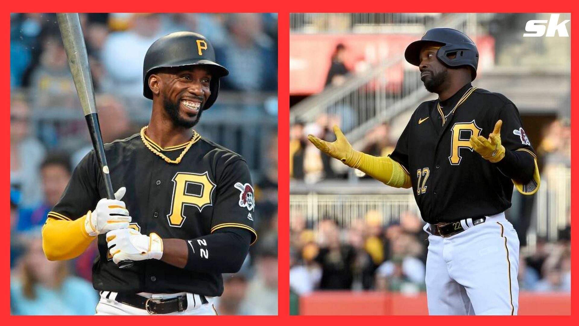 Pittsburgh Pirates' Andrew McCutchen expresses surprise with his