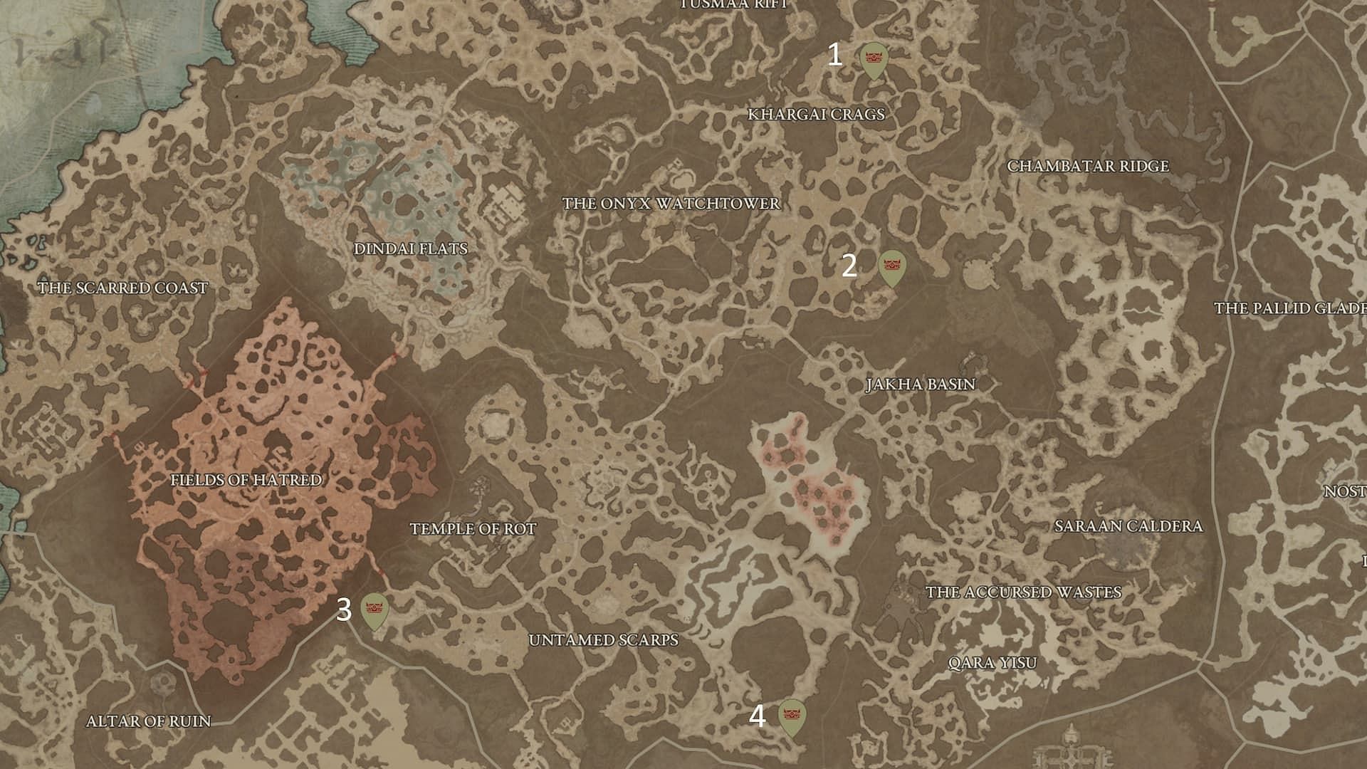 There are four mystery chests scattered in Dry Steppes (Image via mapgenie.io)