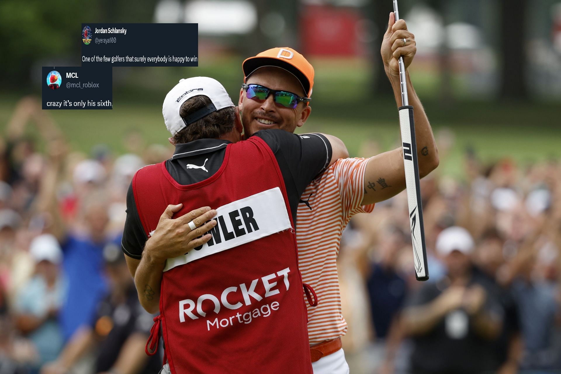 Rickie Fowler and his caddie, Ricky Romano, celebrate on the 18th green after winning the playoff hole at the Rocket Mortgage Classic