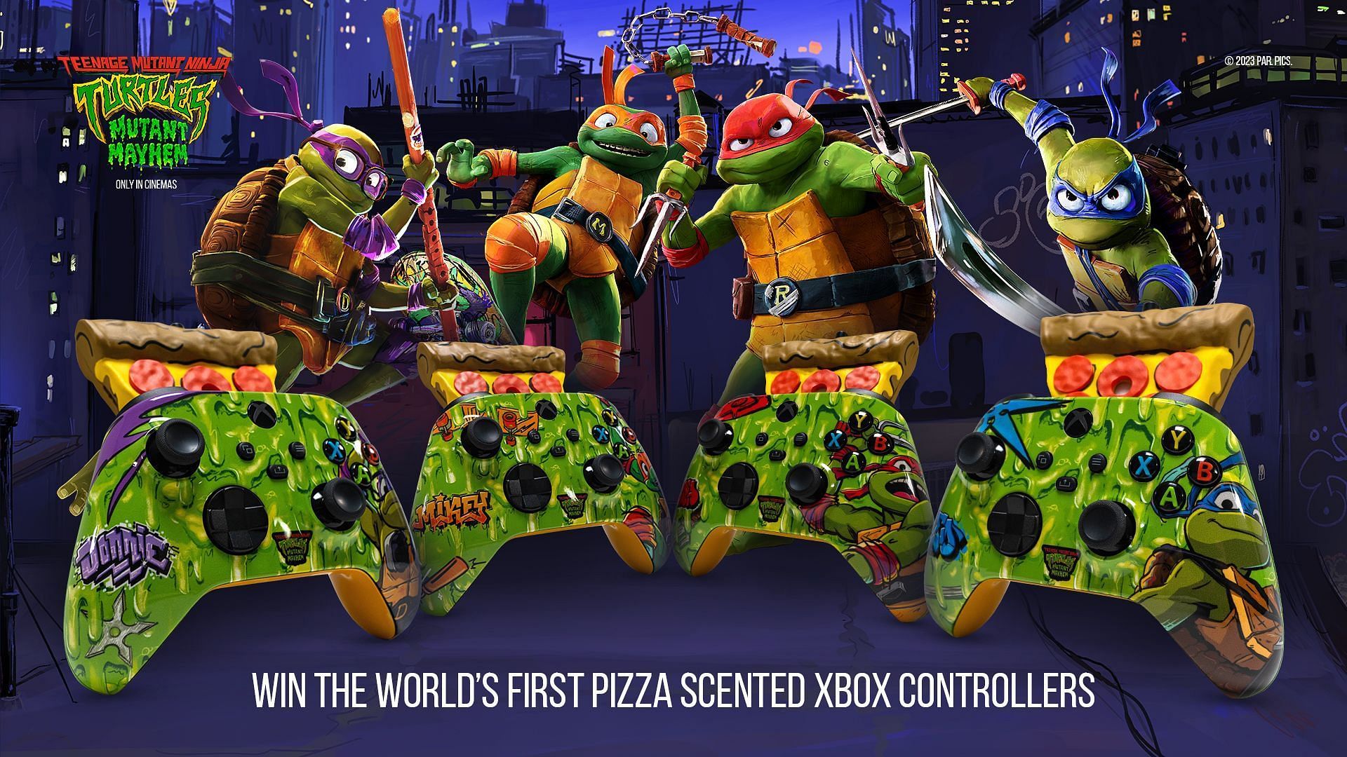 The four editions of the Xbox Teenage Ninja Turtle pizza-scented controllers (Image via Microsoft)