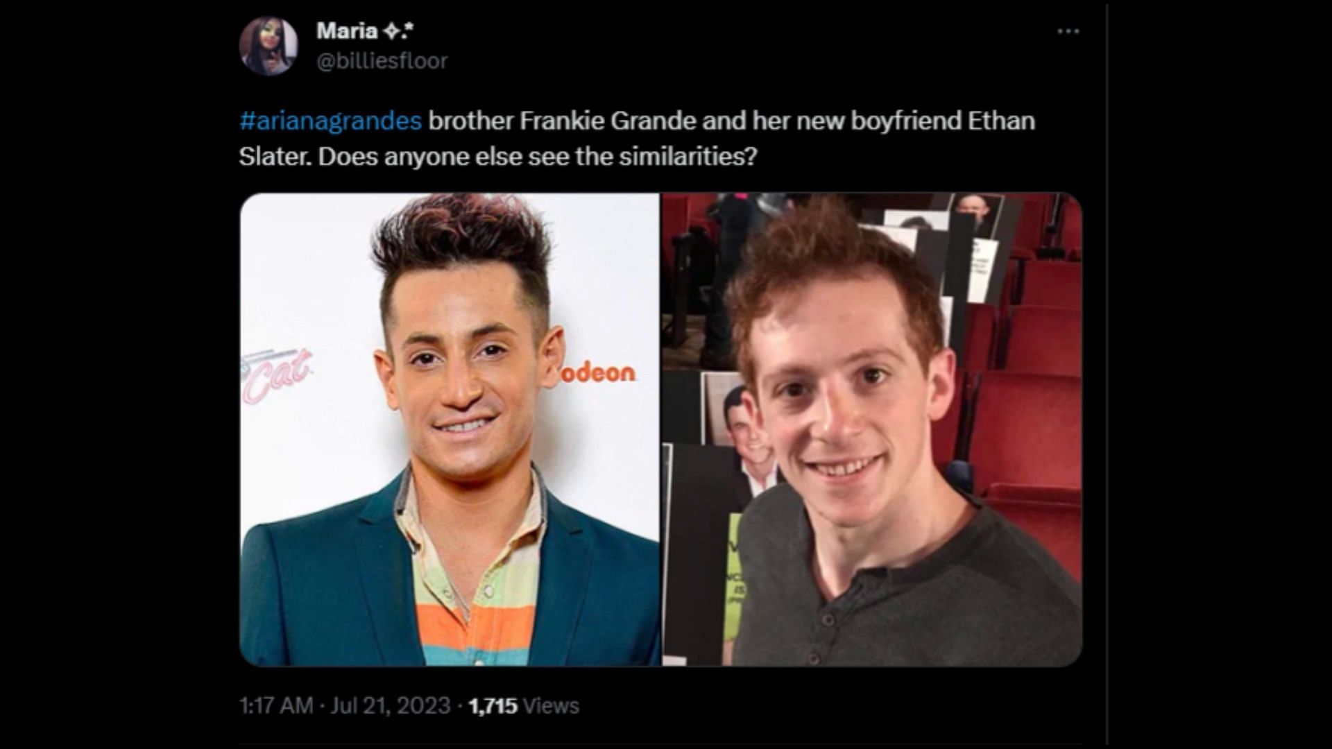 Screenshot of a Twitter user remarking on Slater and Frankie Grande&#039;s physical resemblance.