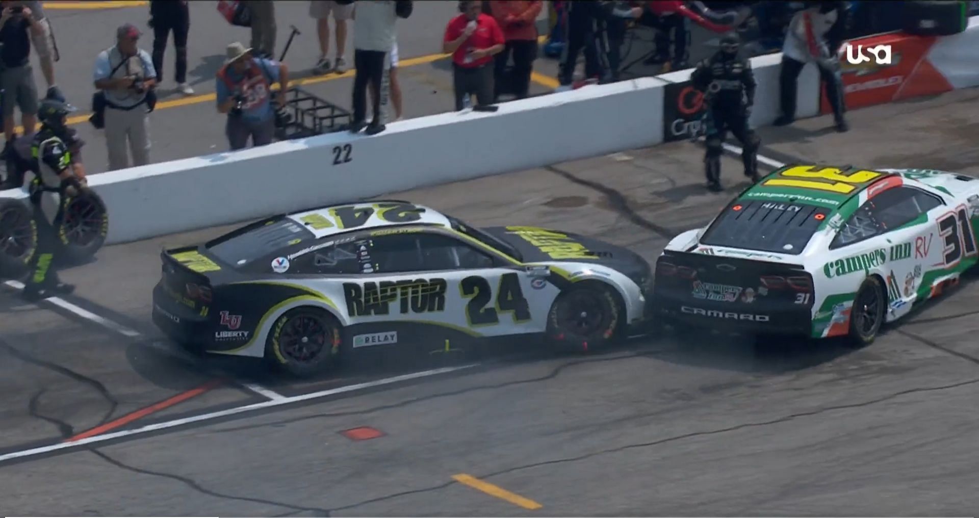 William Byron hits Justin Haley in the Crayon 301 NASCAR Cup Series (screengrab from USA Network broadcast)