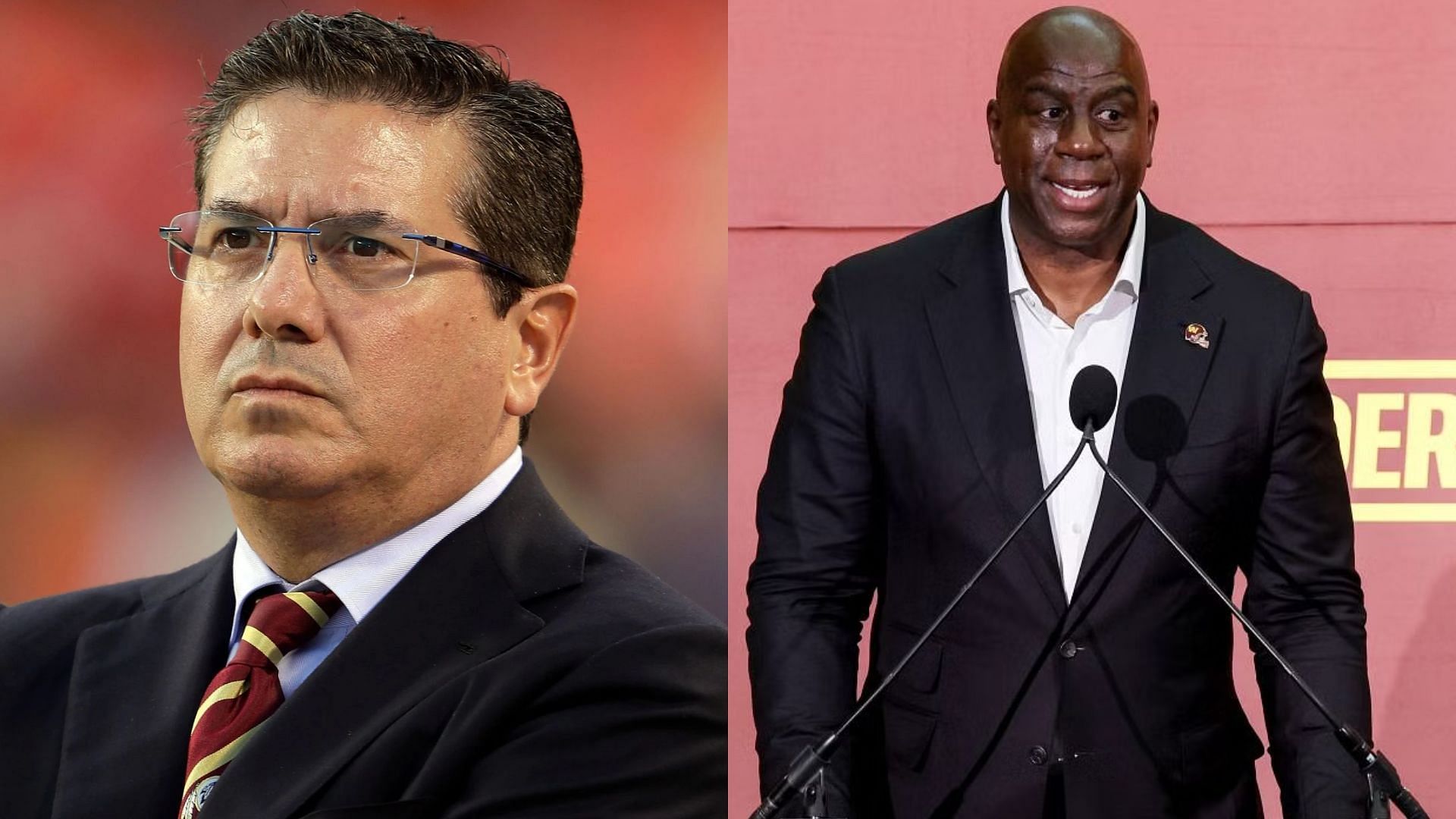 Dan Snyder (left) sold the Washington Commanders franchise to an ownership group that includes Magic Johnson (right) for $6.05 billion.