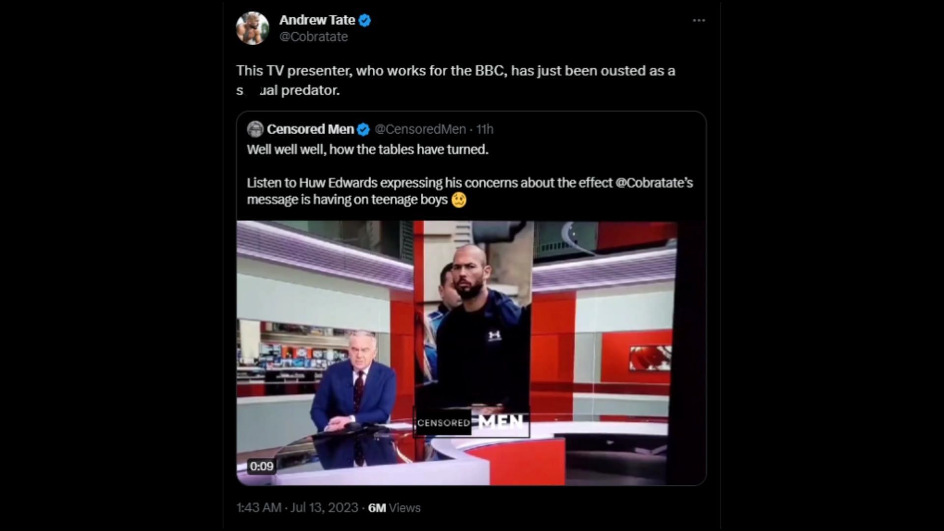 Screenshot of Andrew Tate&#039;s Twitter response to Huw Edwards&#039; resurfaced video.