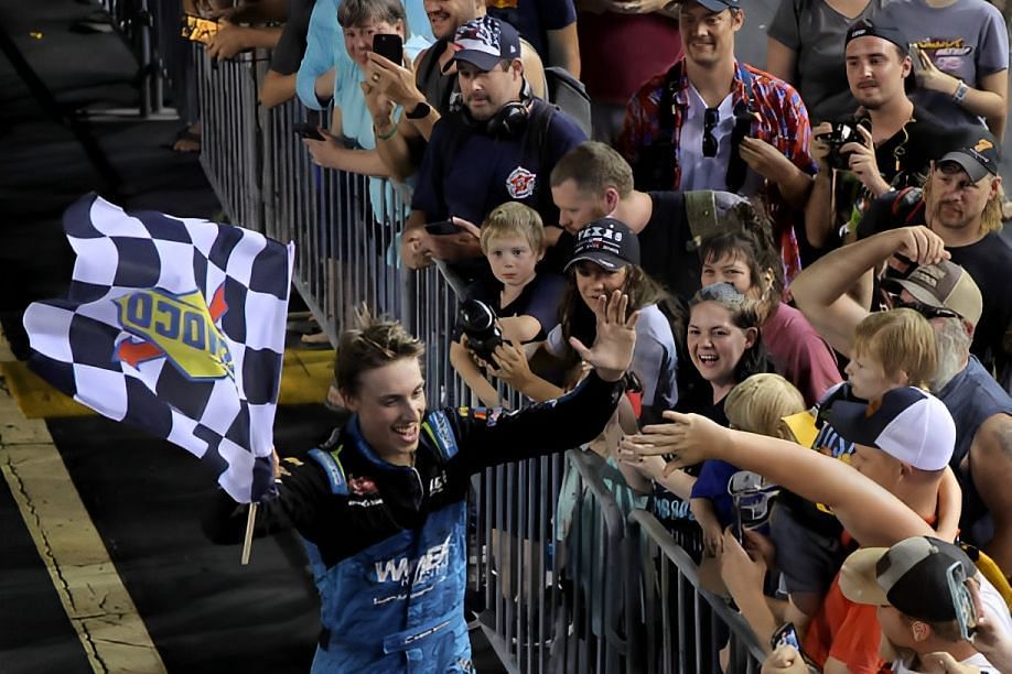 Carson Hocevar: Carson Hocevar Celebrates By Climbing The Flag Stand ...