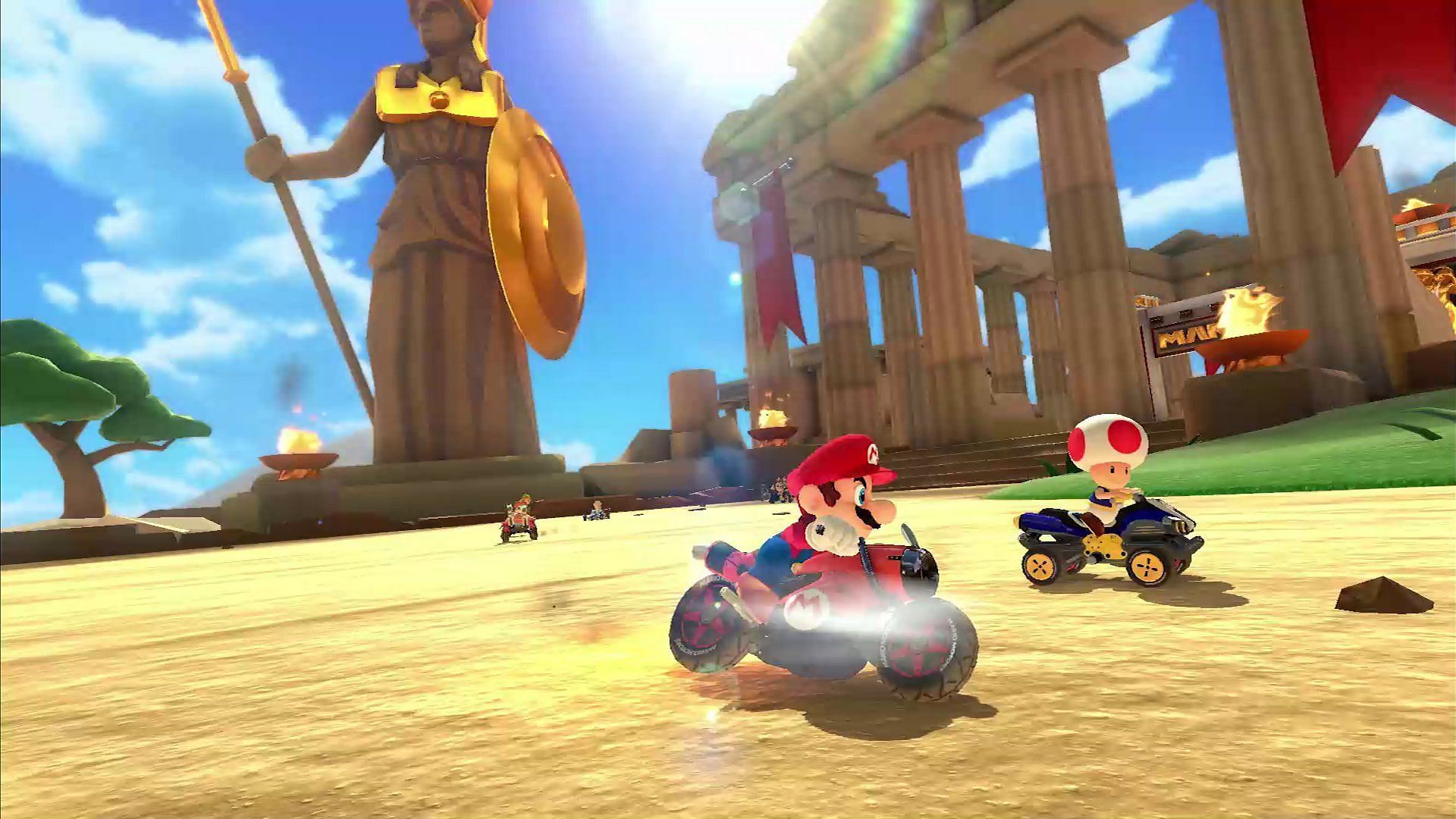 Mario and Toad racing through Athens in Athens Dash (Image via Nintendo)