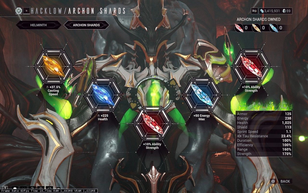 There are five slots for Warframe Archon Shards for each frame (Image via Digital Extremes)