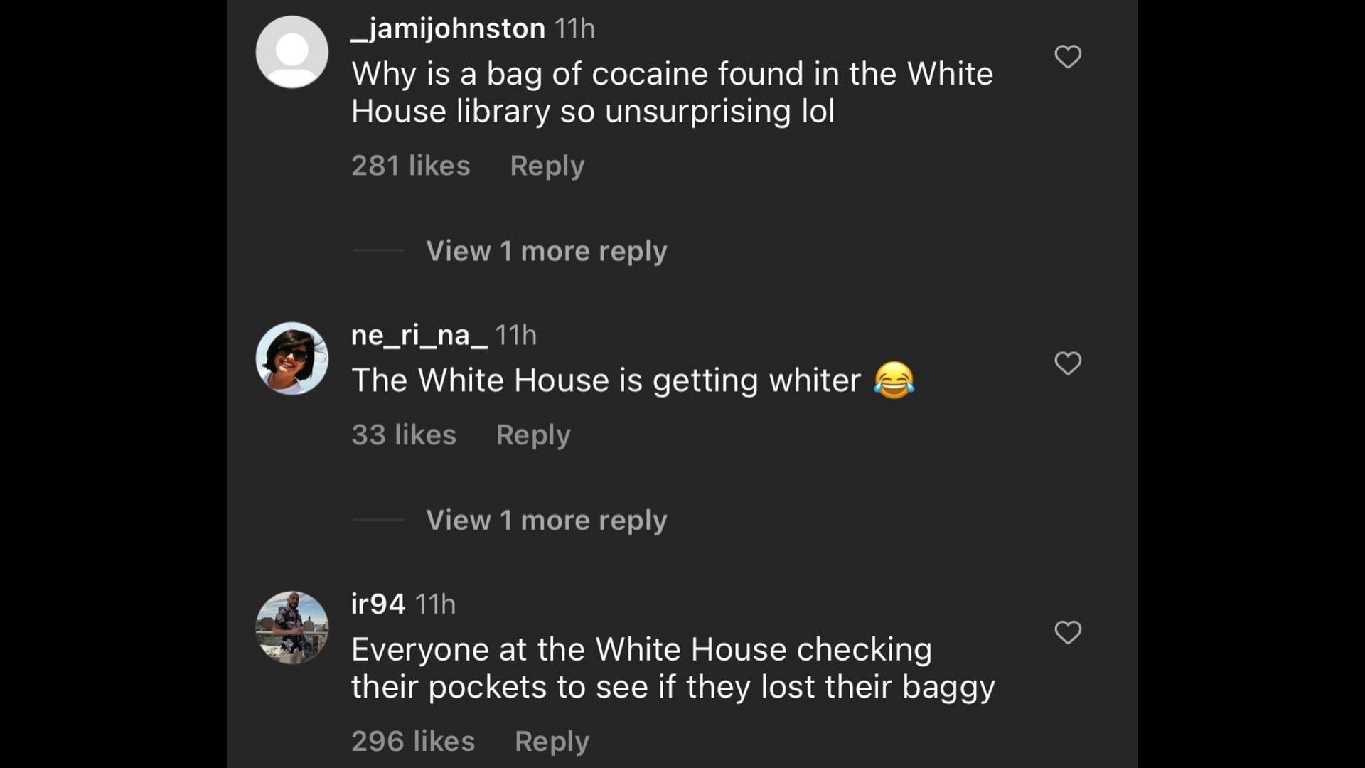 Screenshot of Internet users remarking on cocaine being found in the official residence of the President. (Photo via @Pubity/Instagram)