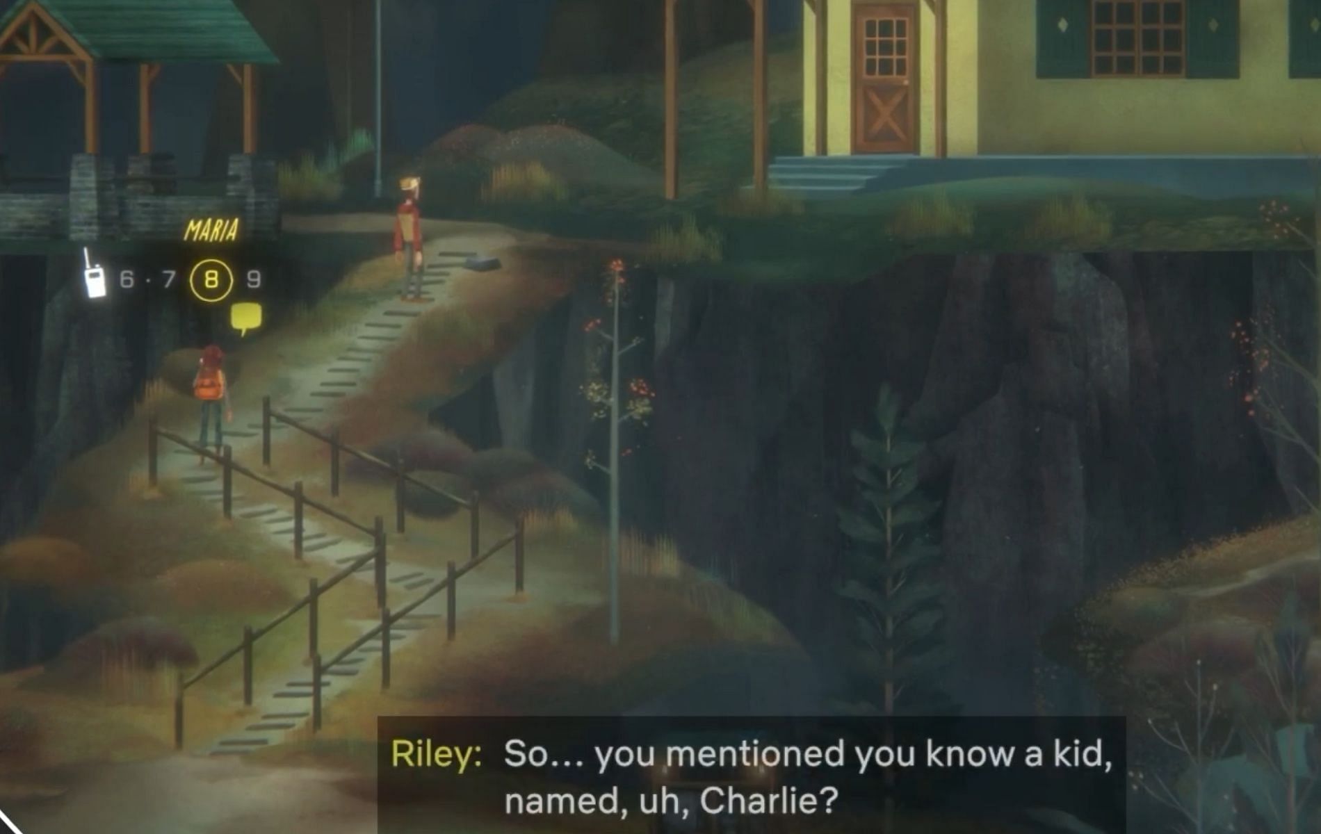 Riley can talk about various topics with Maria to learn more about her (Screenshot from Oxenfree 2/YouTube: Trophy Tom)