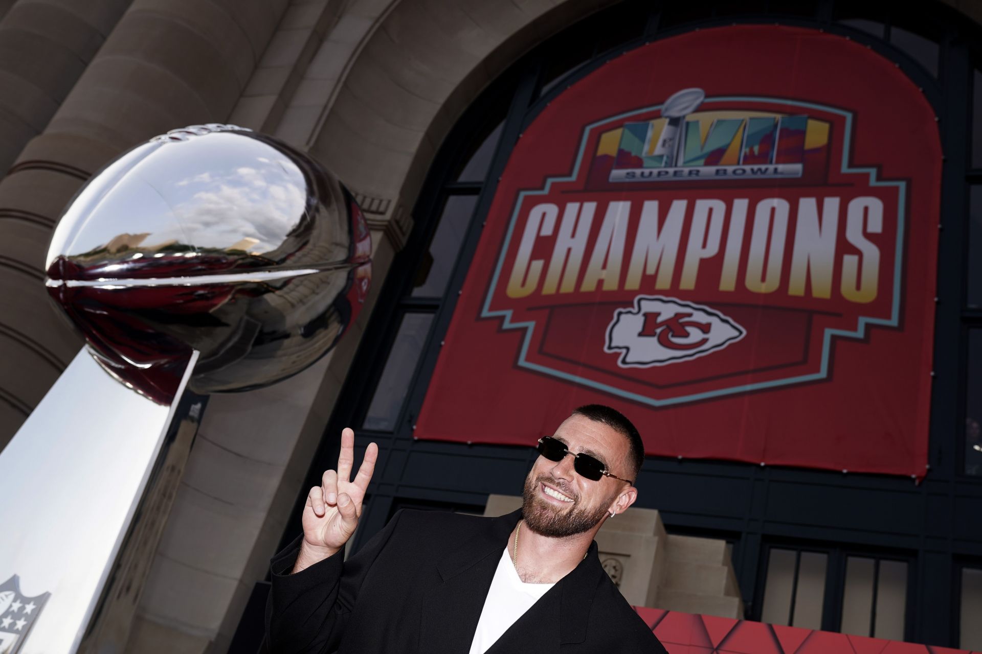 Travis Kelce with the Super Bowl trophy