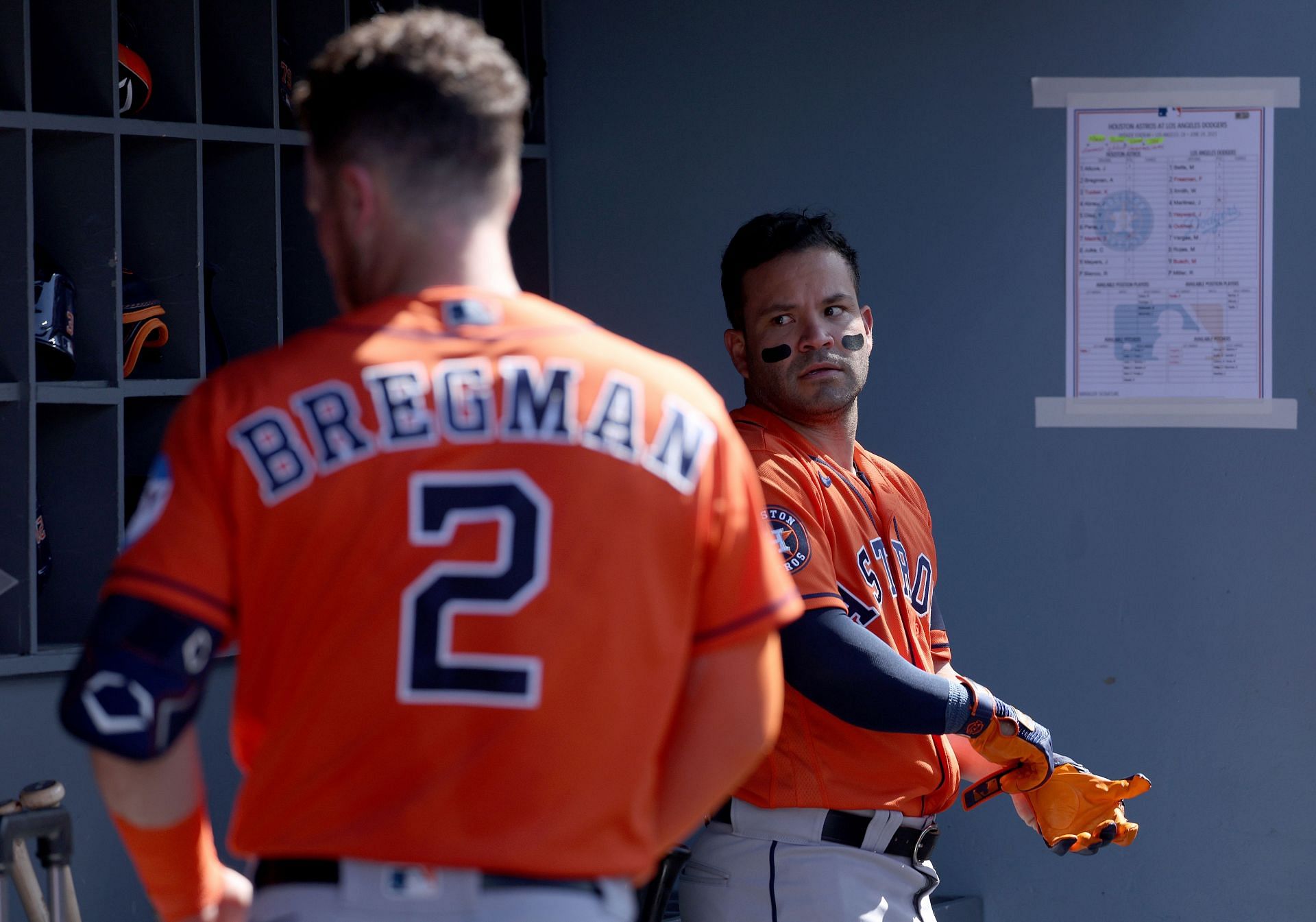 Jose Altuve of the Houston Astros with Alex Bregman before a game at Dodger Stadium