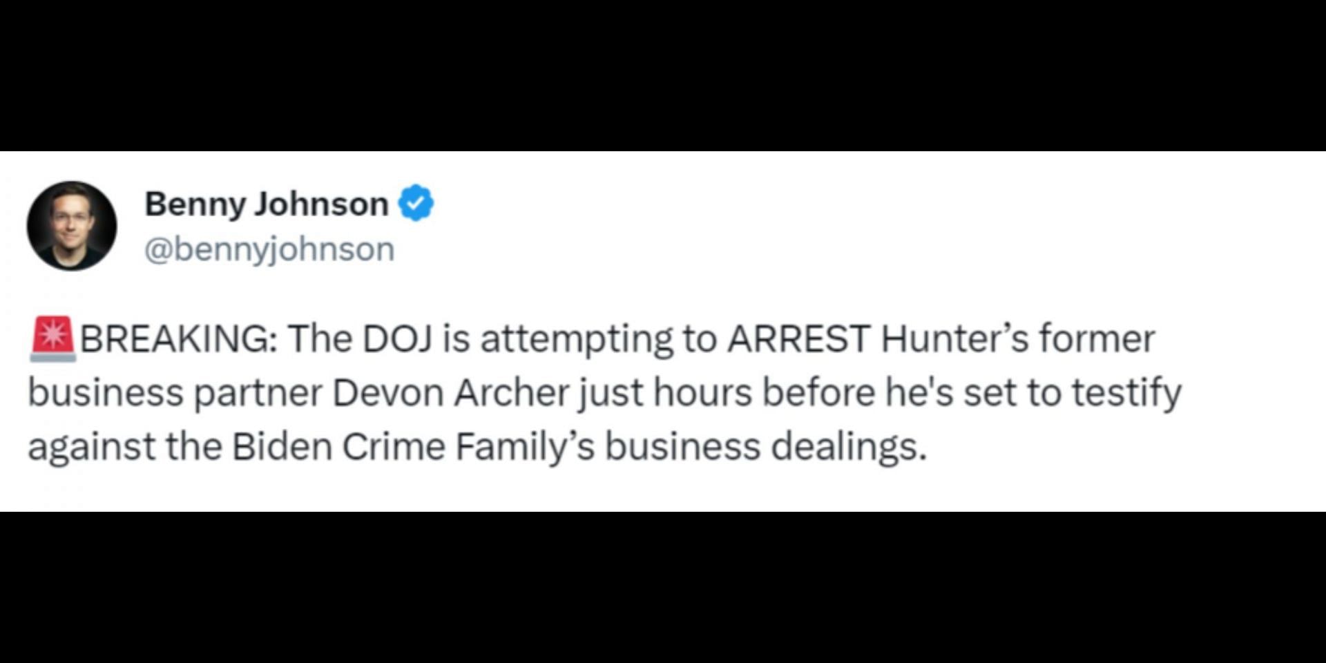 An arrest attempt is made against Hunter&#039;s former business partner hours before his testimony. (Image via Twitter/@bennyjohnson)