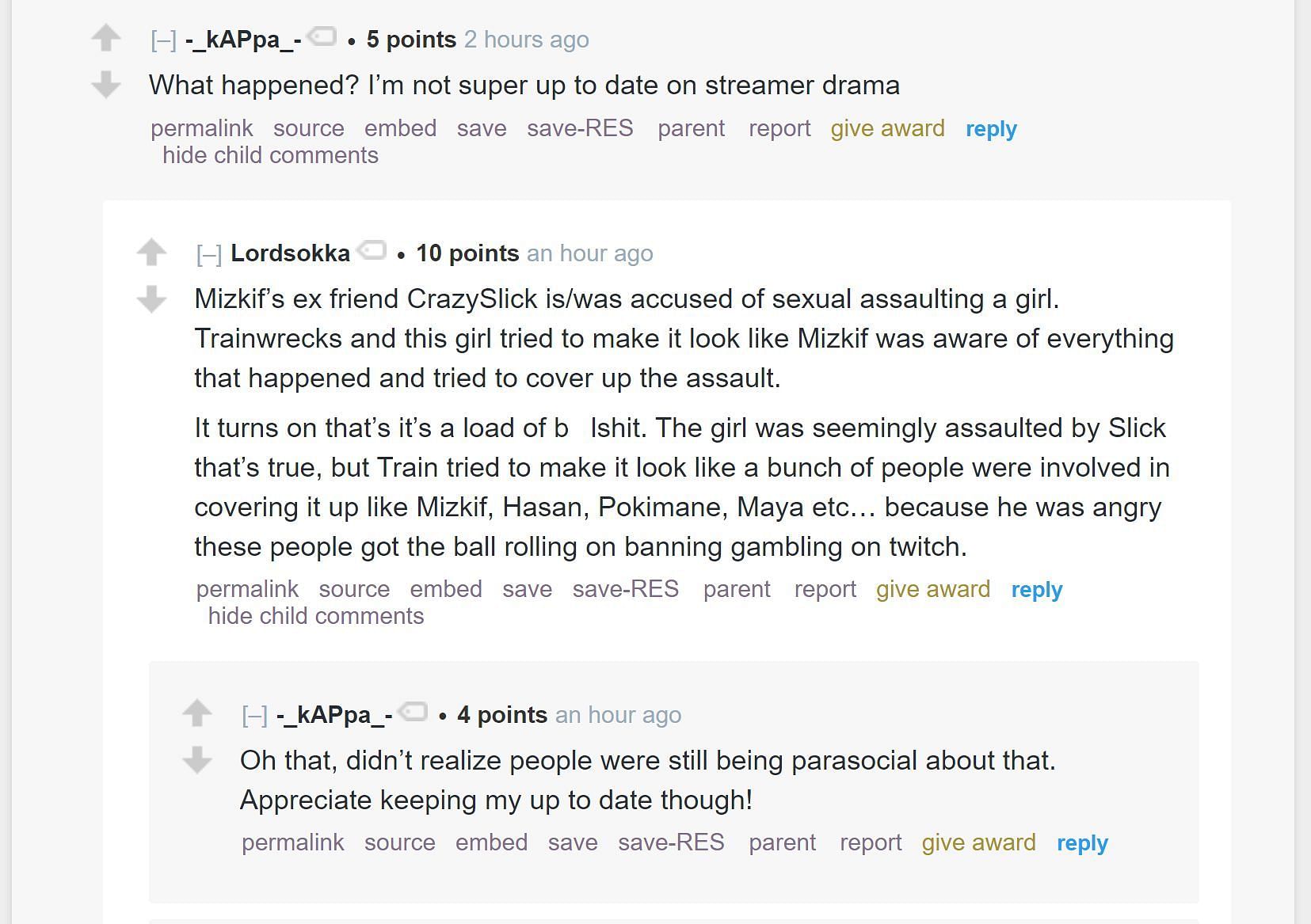 A Reddit user provides a gist of the AdrianahLee-CrazySlick and Mizkif controversy (Image via r/LivestreamFail)