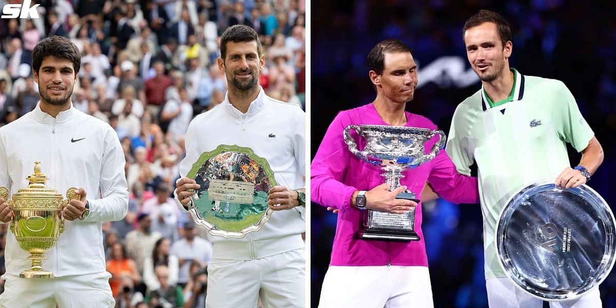 Carlos Alcaraz, Novak Djokovic, Rafael Nadal and Daniil Medvedev with their respective Wimbledon 2023 and Australian Open 2021 trophies