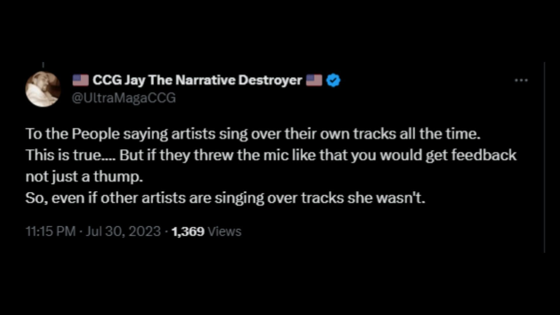 Screenshot of a Twitter user remarking on Cardi&#039;s lip-syncing and mic-throwing incident.