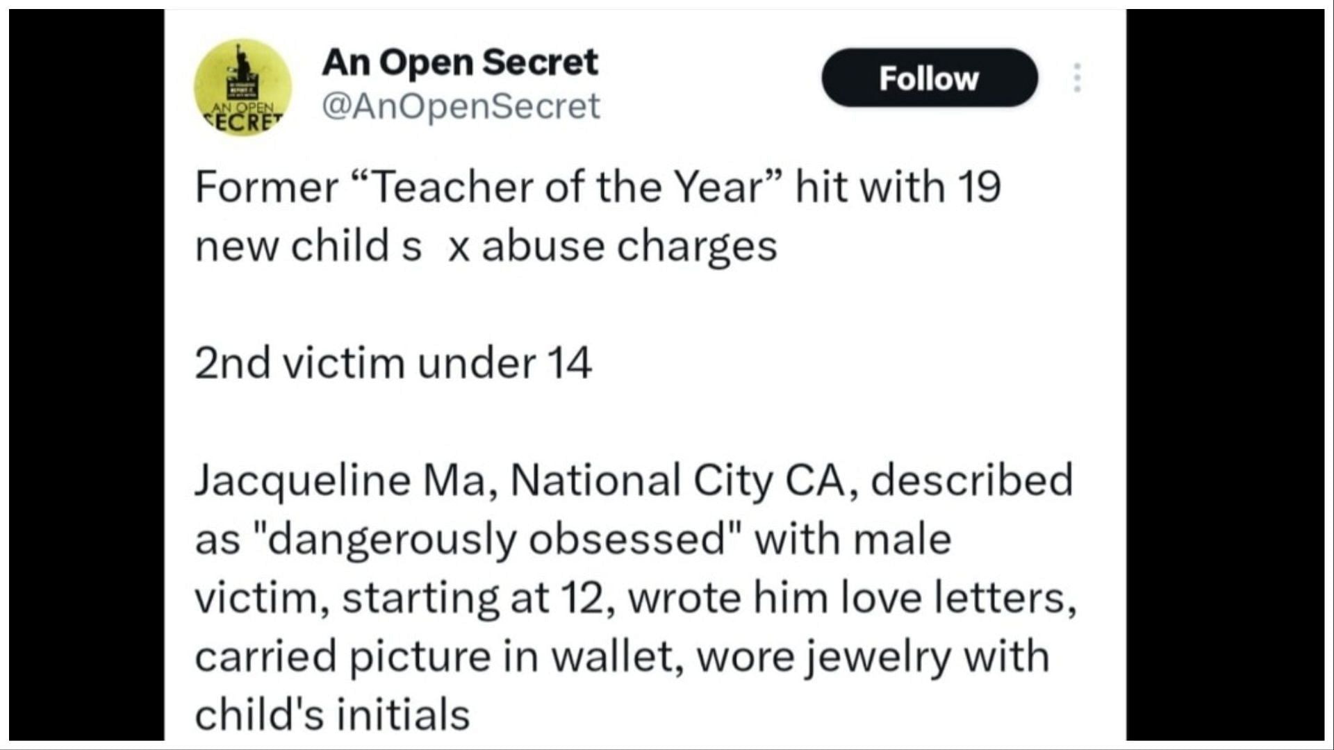 Ma was a sixth-grade teacher at Lincoln Acres Elementary School, (Image via An Open Secret/Twitter)