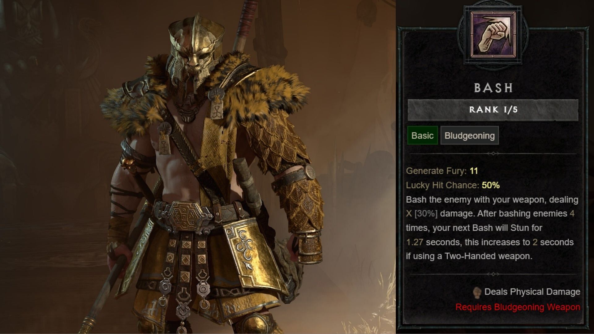 A Barbarian on the left and Bash skill on the right in Diablo 4.