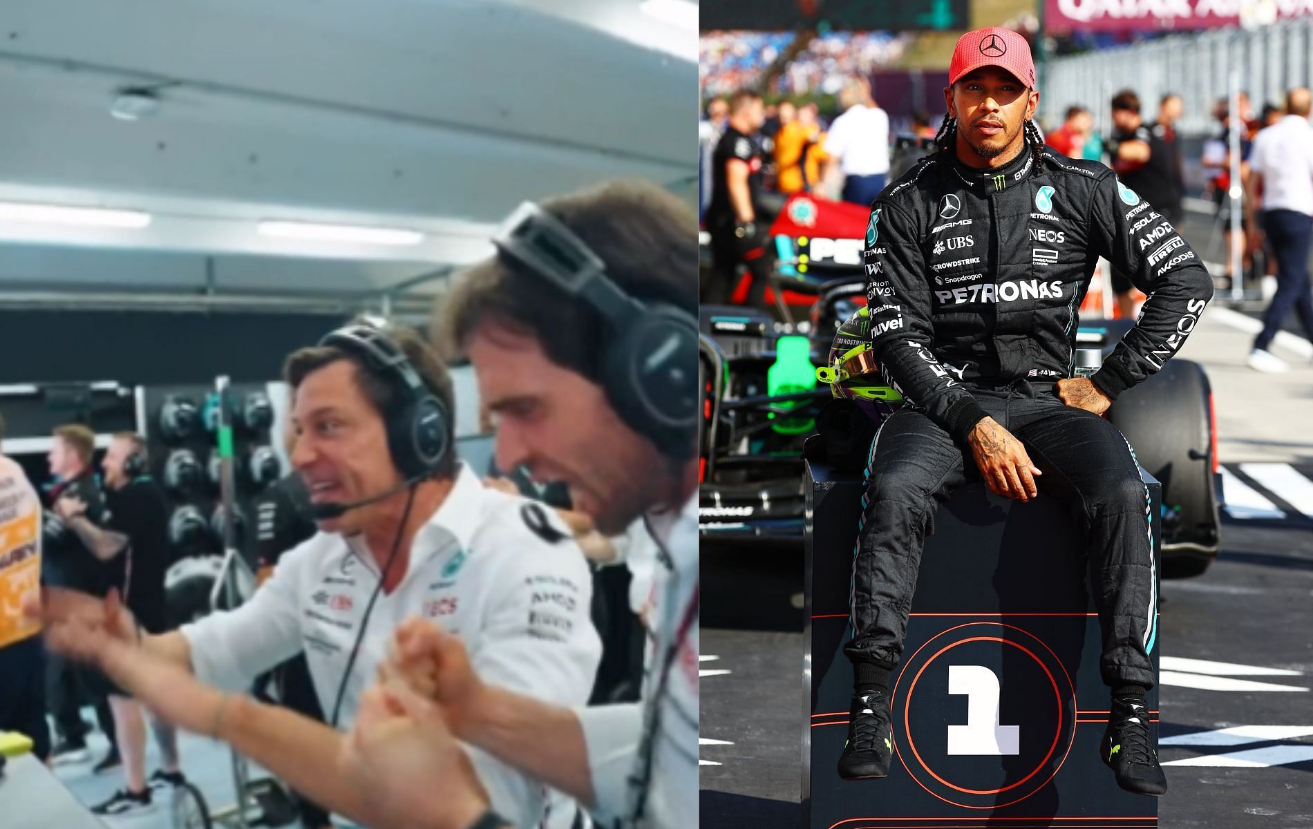 The Mercedes garage erupts as Lewis Hamilton takes his 104th pole position. Both images taken from Twitter. 