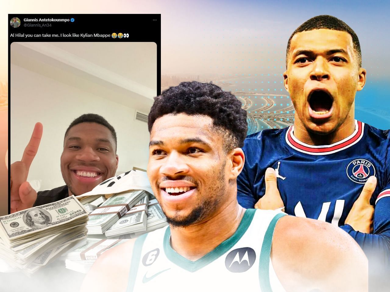 Giannis Antetokounmpo has an uncanny resemblance to Kylian Mbappe and wants his money.