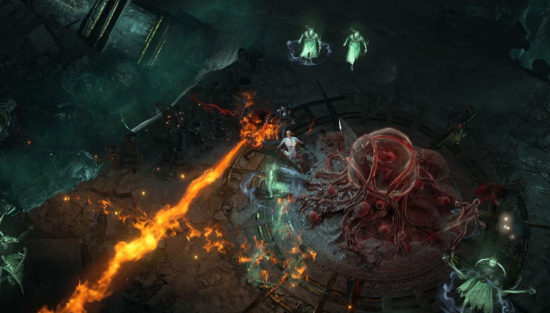 A character using fire against enemies within a dungeon in Diablo 4.