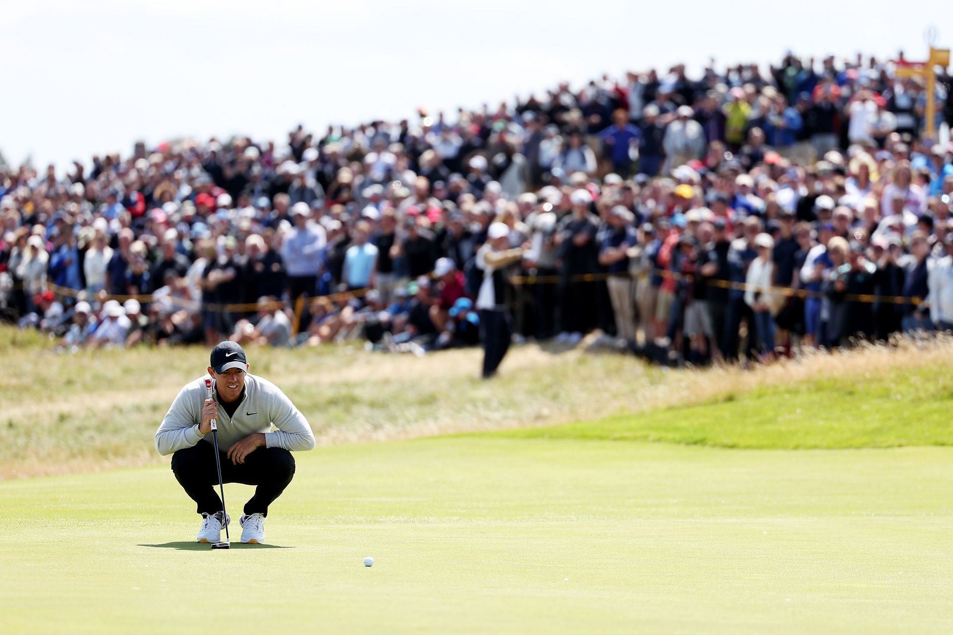 Rory McIlroy lines up putt on the 12th green in the second round of the 2023 Open Championship