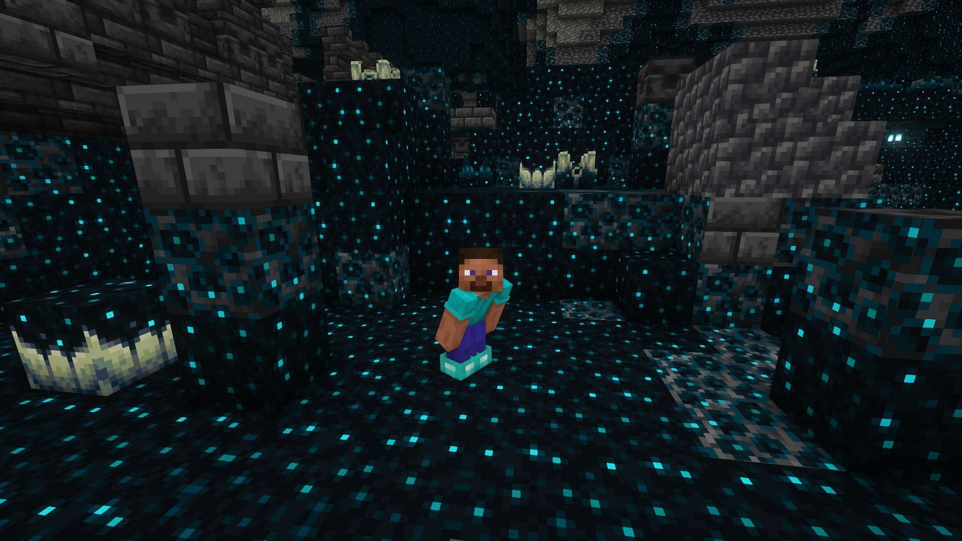 Steve with enchanted boots in an ancient city (Image via Mojang)