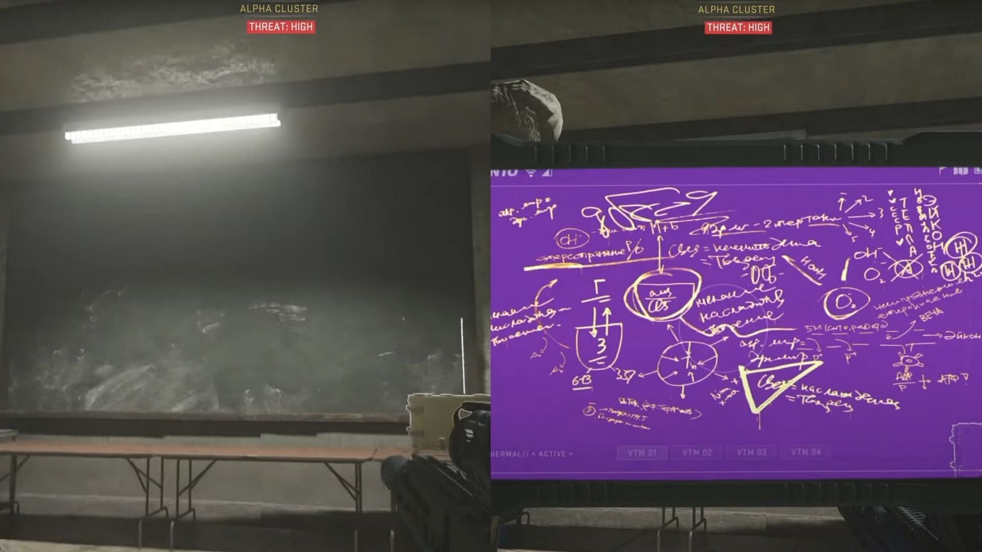 Series of formulas written on the chalkboards (Image via Activision)