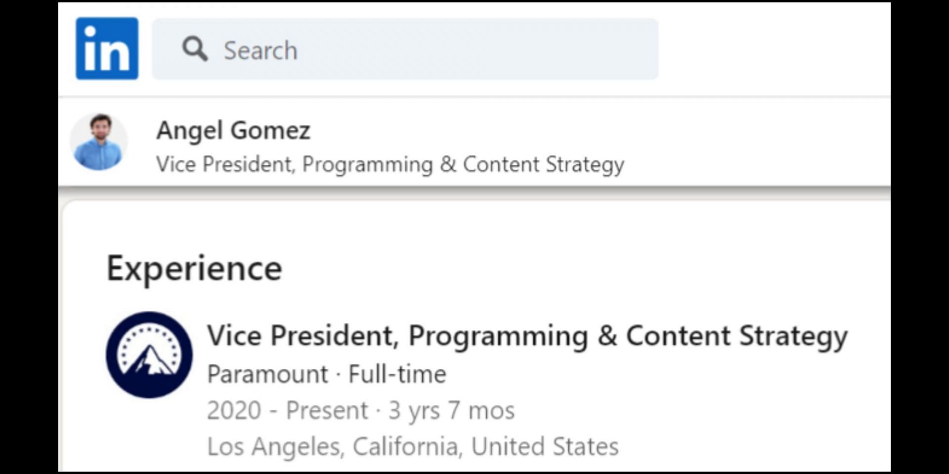 Vice President of Programming at Paramount as per LinkedIn. (Image via LinkedIn/Angel Gomez)