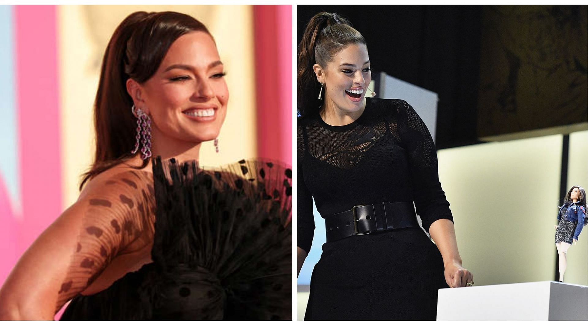 Ashley Graham at the Barbie premiere in 2023 and with her Barbie in 2016 (Image via Sportskeeda)