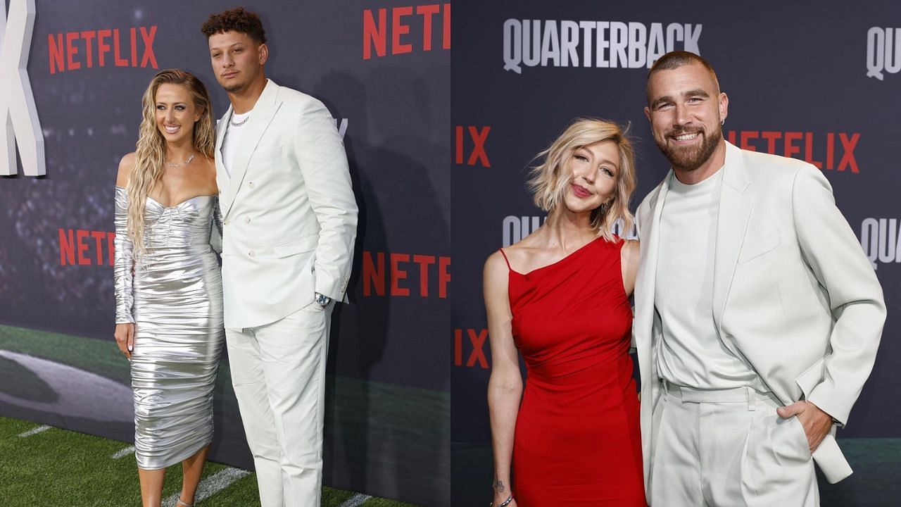 The Mahomes couple and Travis Kelce at the Quarterback premiere - images via Instagram