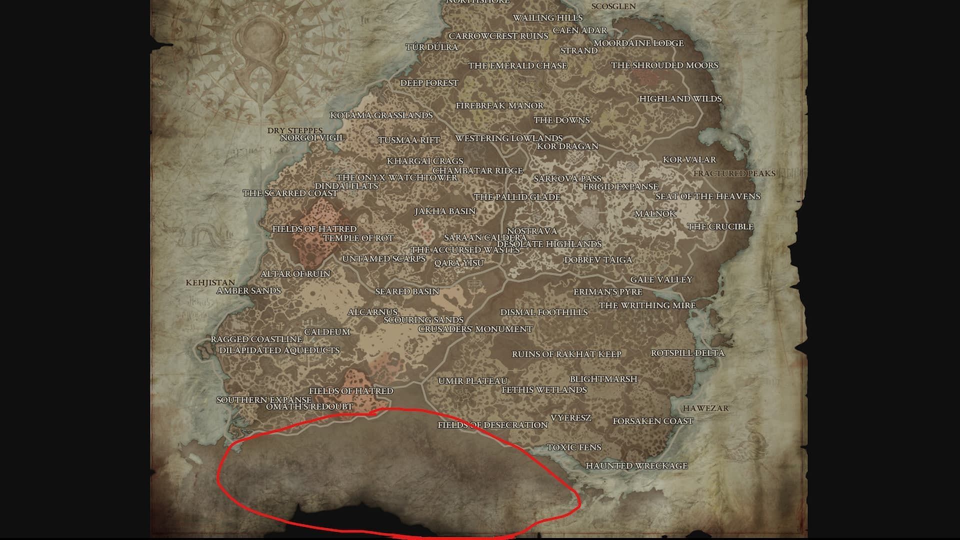 The Diablo 4 map has a lot of space in the southern region (Image via Mapgenie.io)
