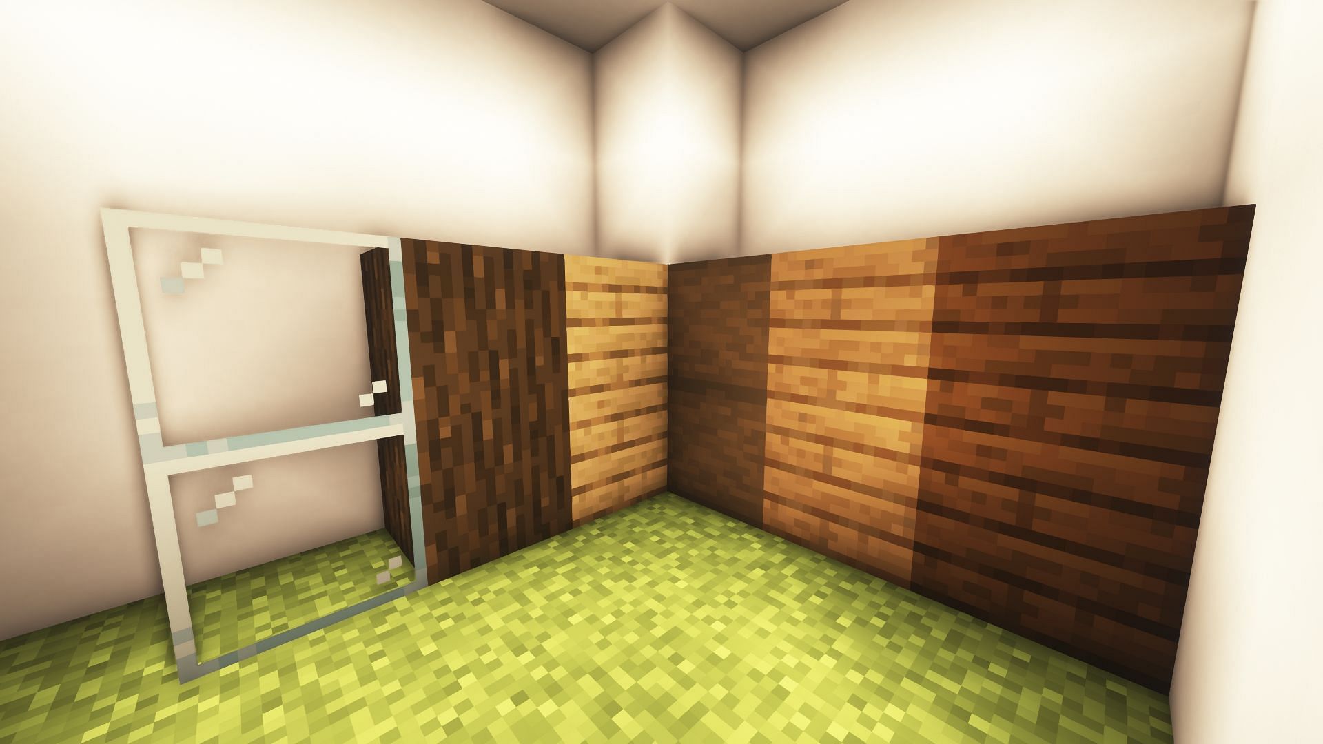 This block palette consists of various wood and glass blocks in Minecraft (Image via Mojang)
