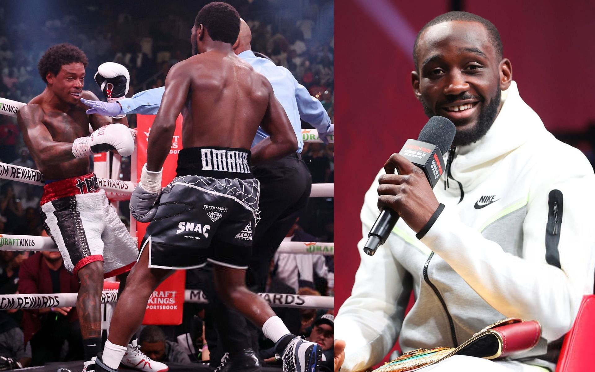 Errol Spence Jr. being stopped by Terence Crawford (left) and Crawford (right) [Images Courtesy: @GettyImages]