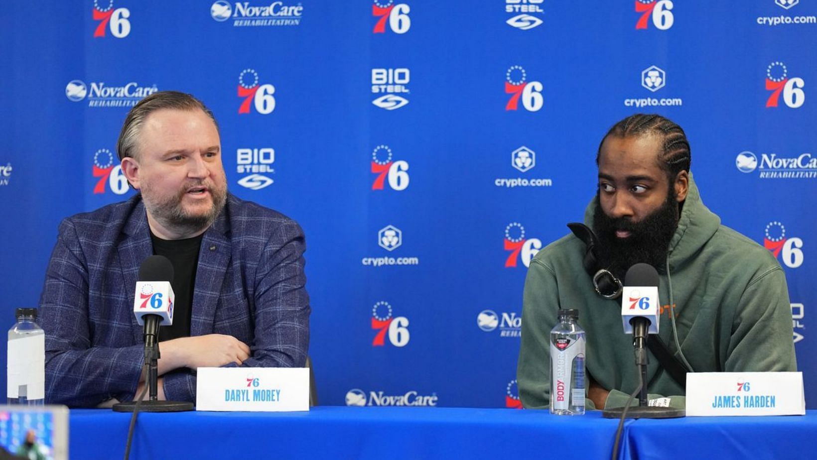 Daryl Morey and James Harden talking to the press last season.