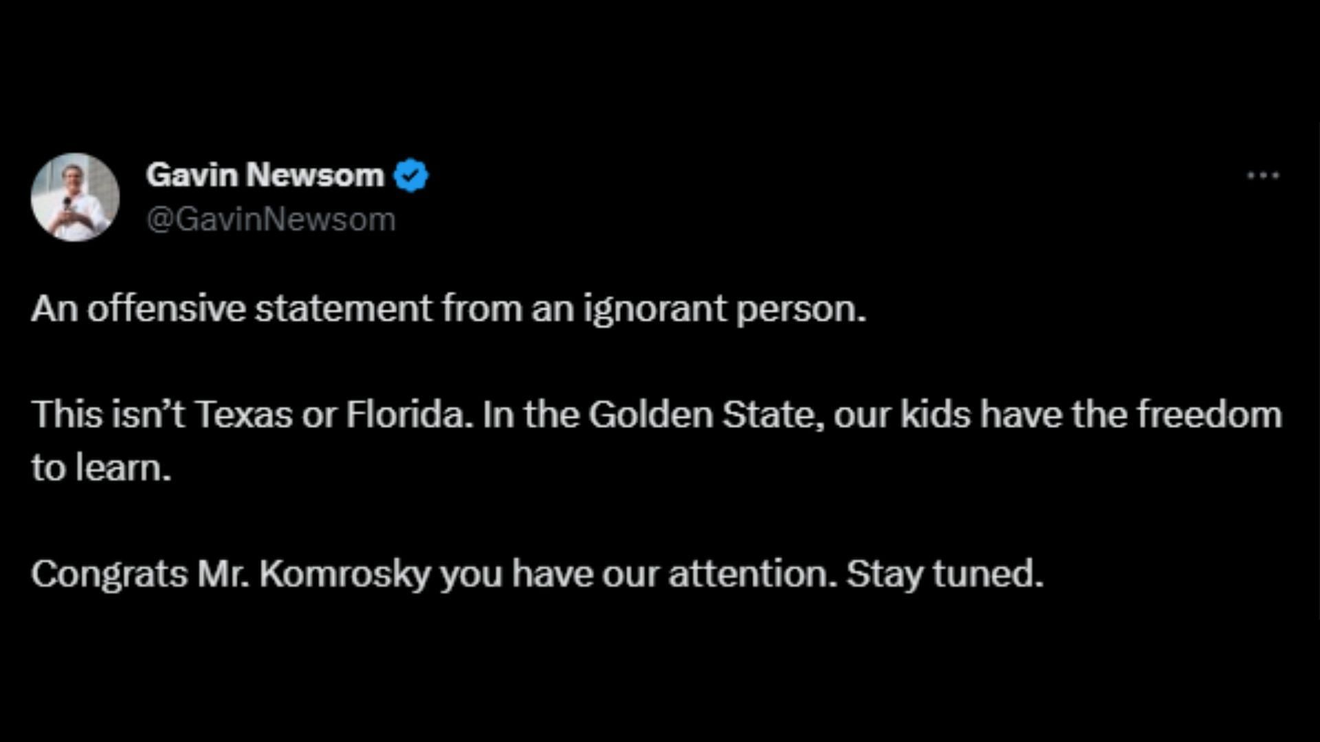 Screenshot of Gavin Newsom&#039;s tweet slamming Dr. Joseph Komrosky over the remarks made on Harvey Milk.