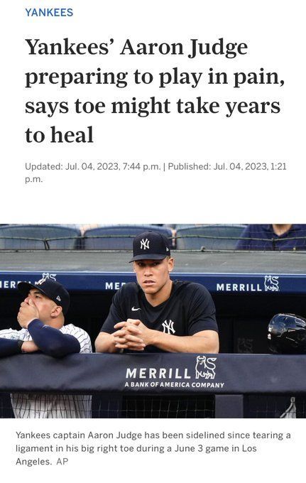 Yankees' Aaron Judge preparing to play in pain, says toe might