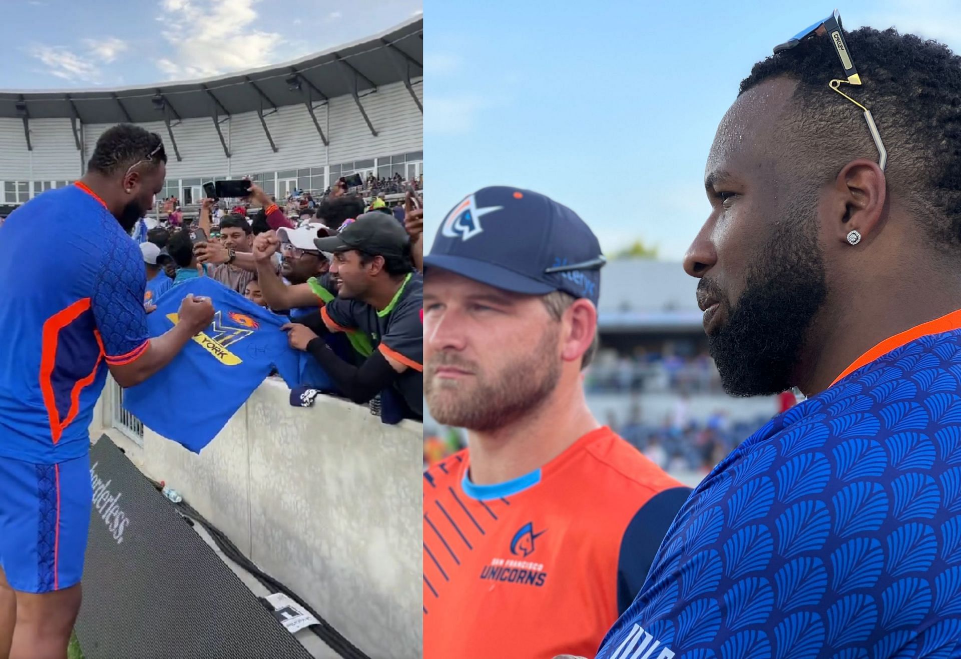 Kieron Pollard giving autographs to fans after the second match of MLC 2023. 