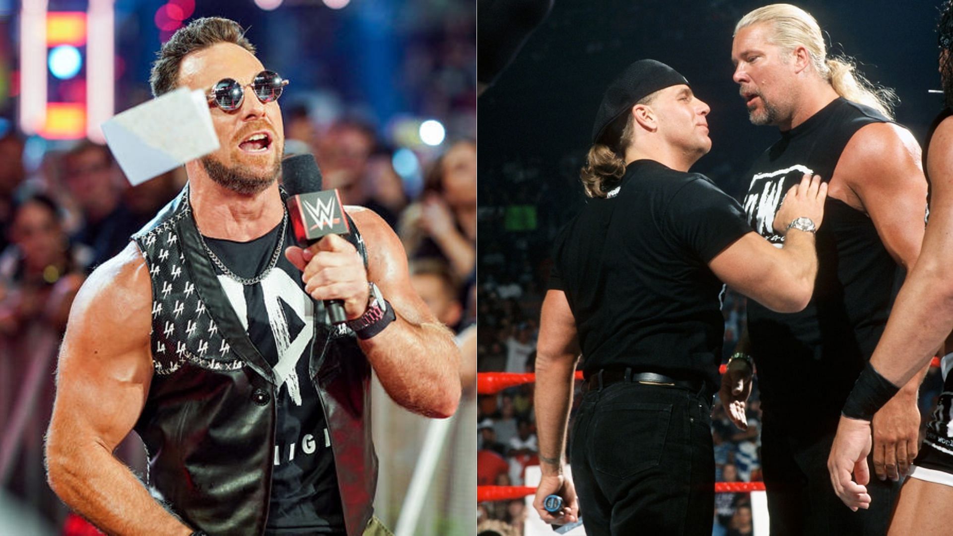 LA Knight (left); Shawn Michaels and Kevin Nash (right)