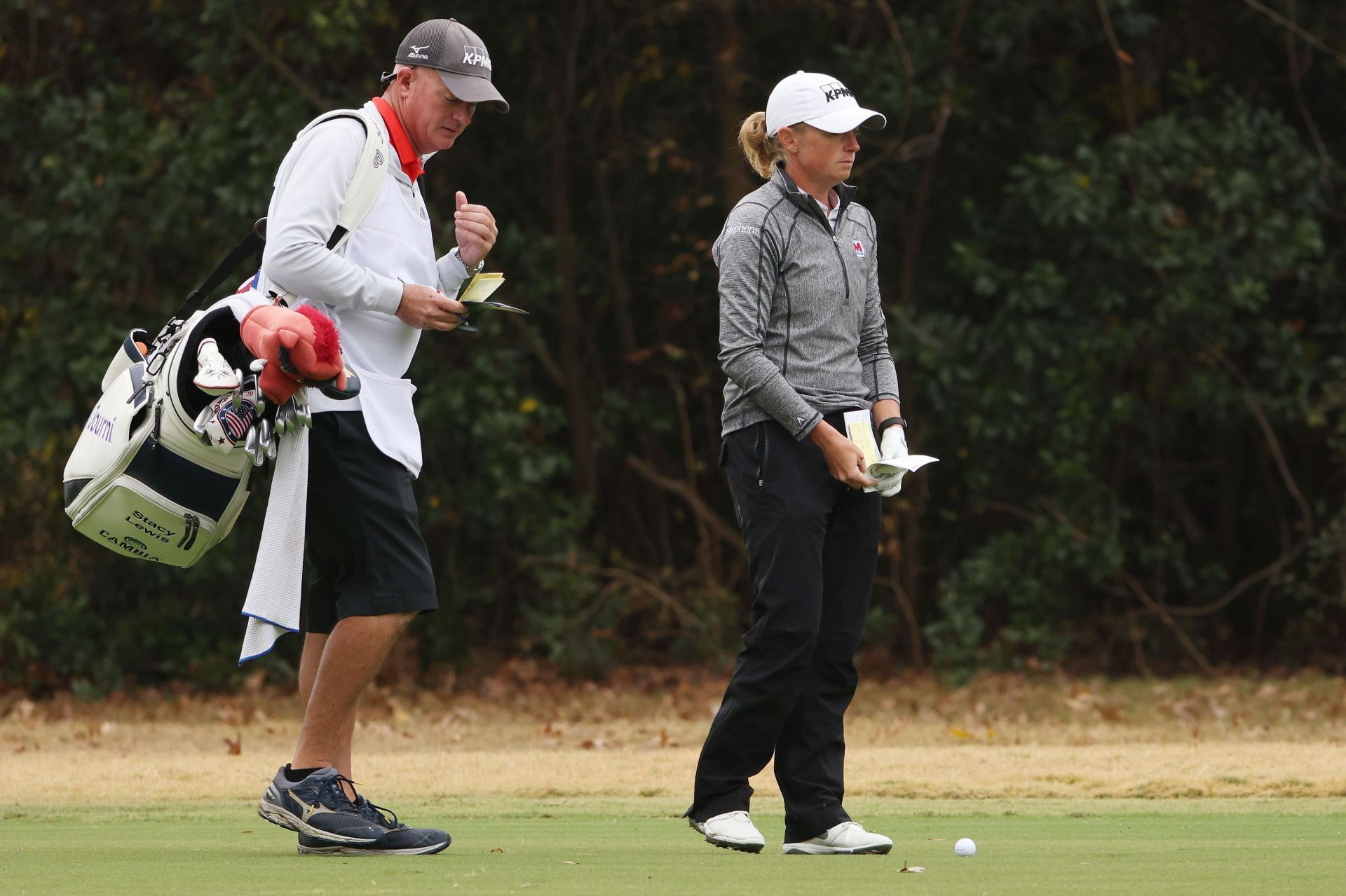 Stacy Lewis talks with her caddie, Travis Wilson during the third round of the 75th U.S. Women&#039;s Open Championship 2020