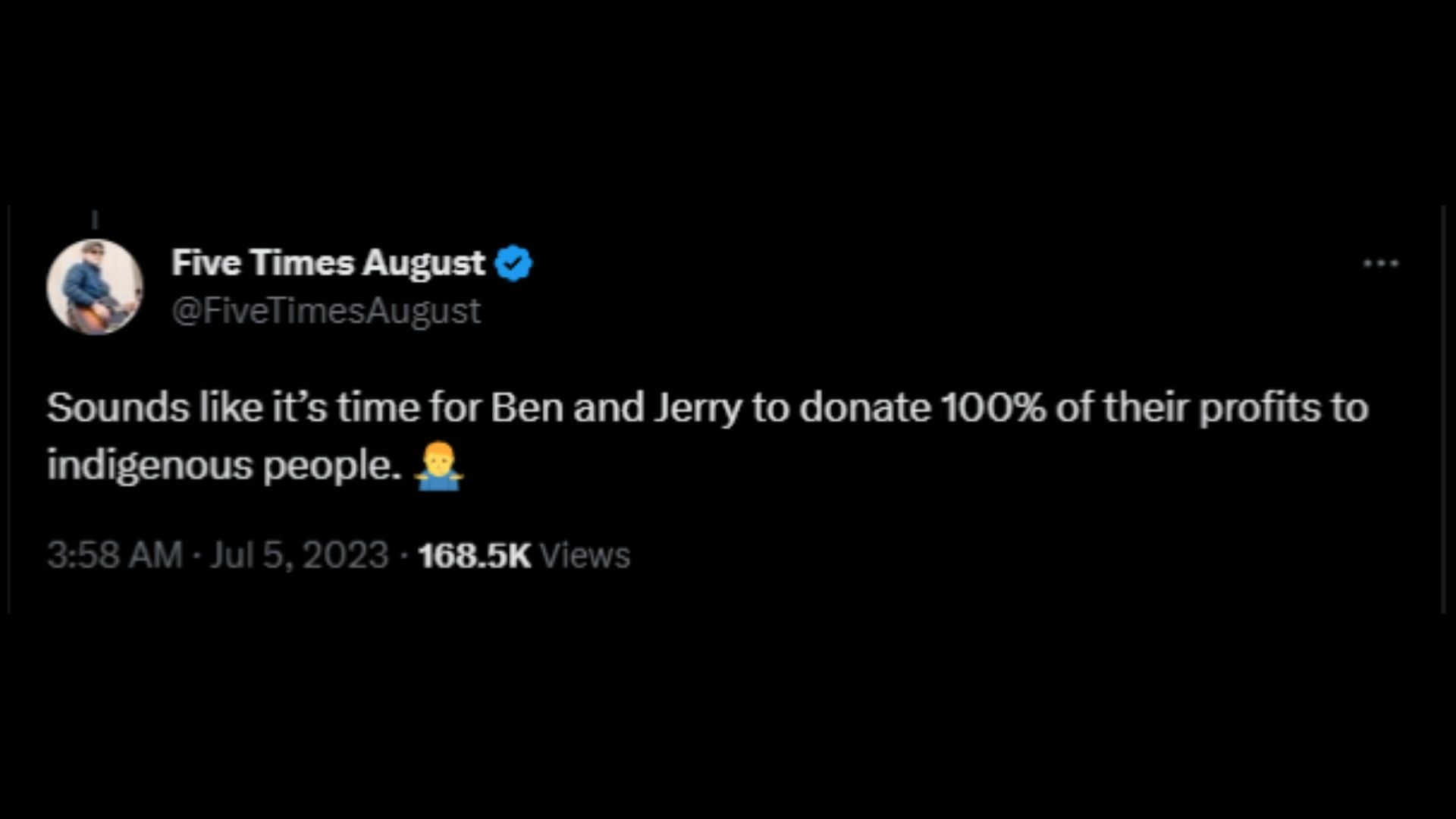 Screenshot of a Twitter user remarking on the ice cream company&#039;s controversial Fourth of July post. (Photo via @benandjerrys/Twitter)