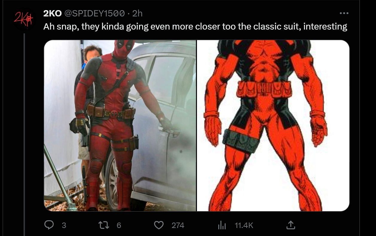 A tweet reply to Discussing Film&#039;s post about the new Deadpool suit (Image via Twitter)