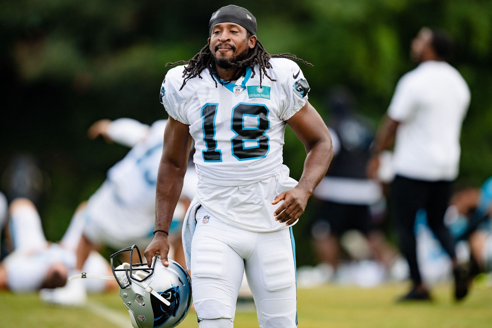 Wide receiver Andre Roberts, #18 of the Carolina Panthers, looks on during training camp on August 06, 2022, in Spartanburg, South Carolina.