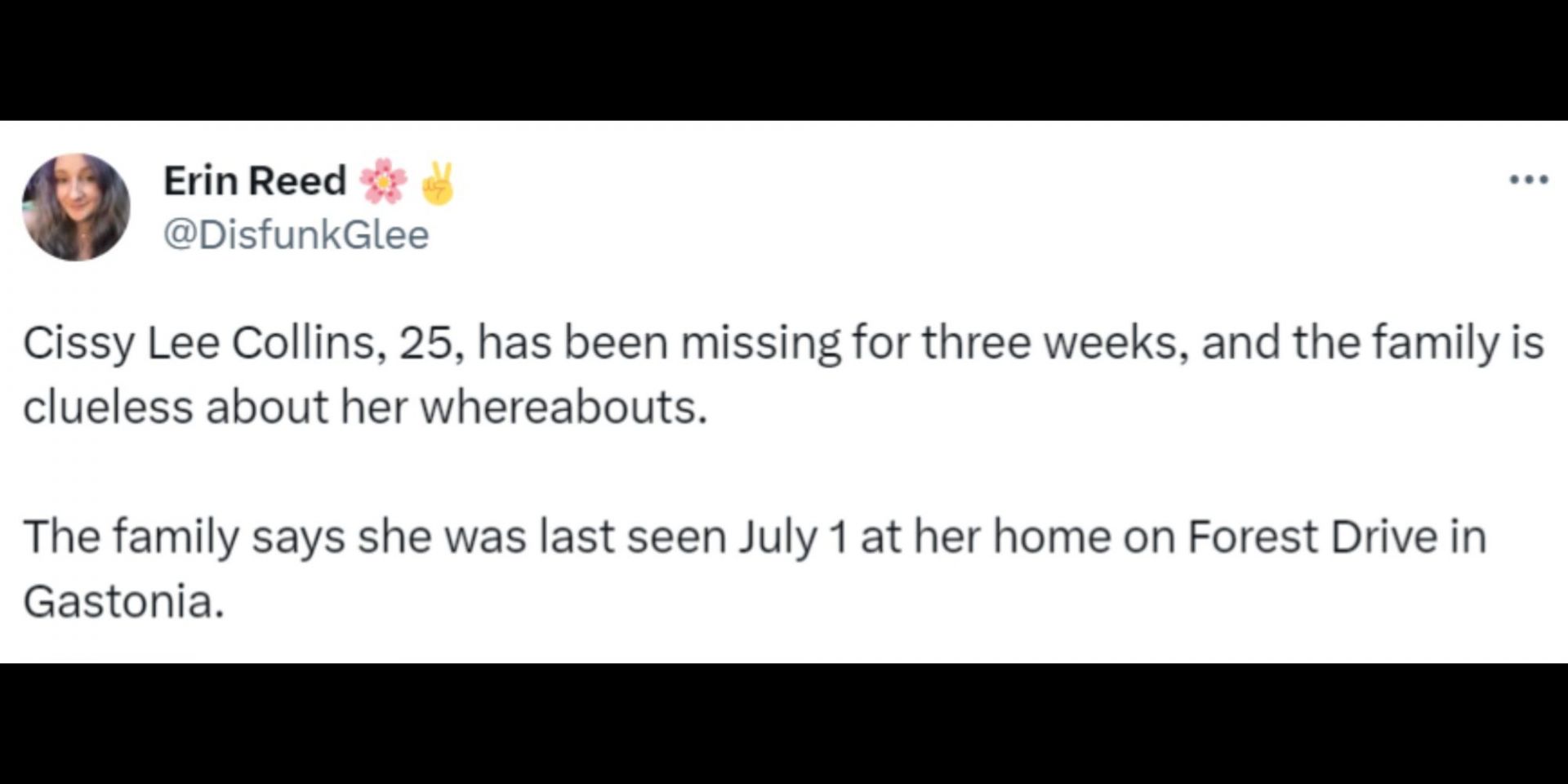 Cissy Lee Collins was last seen on July 1 at her home at 738 Forest Drive. (Image via Twitter/@DisFunkGlee)