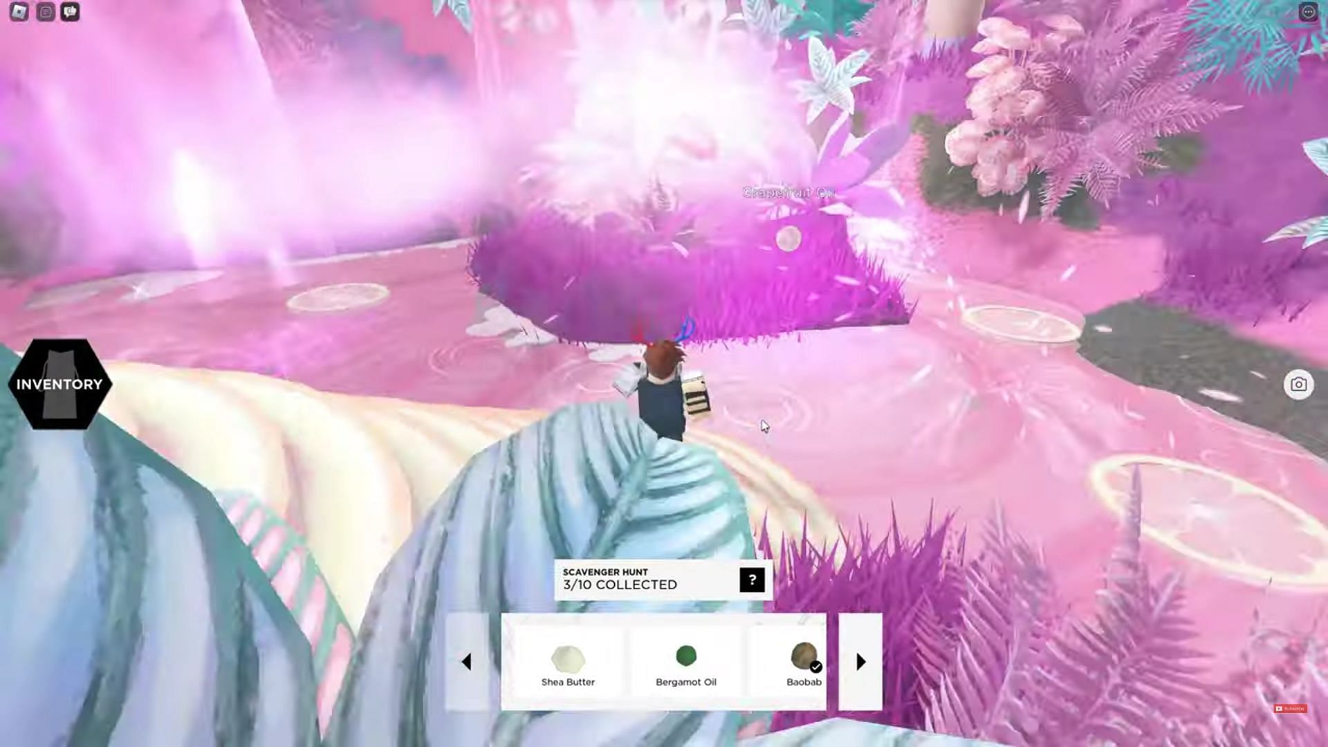 Grapefruit Oil floating above the purple plants in Roblox Fenty Beauty + Skin Experience (Image via Conor3D/YouTube)