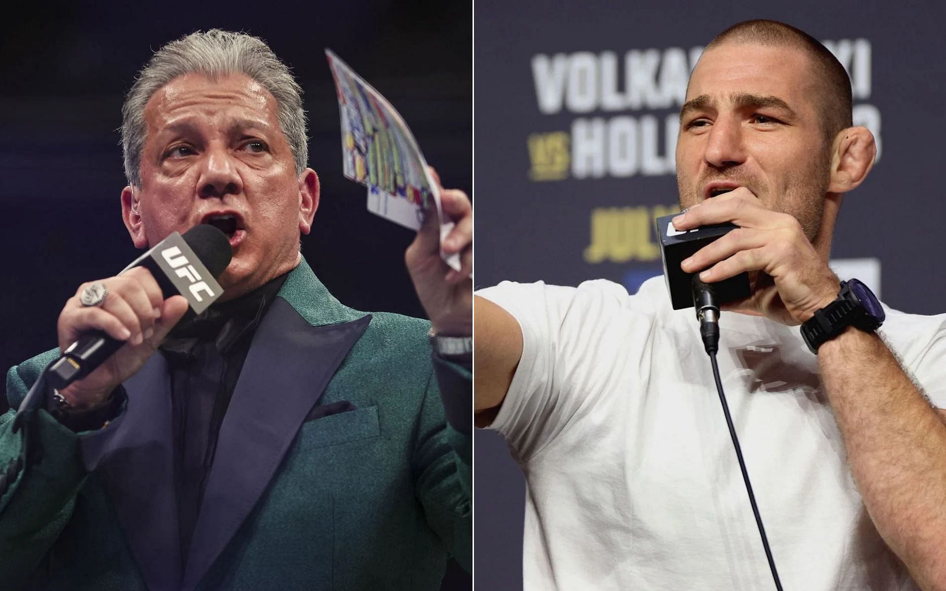 Bruce Buffer [Left], and Sean Strickland [Right]