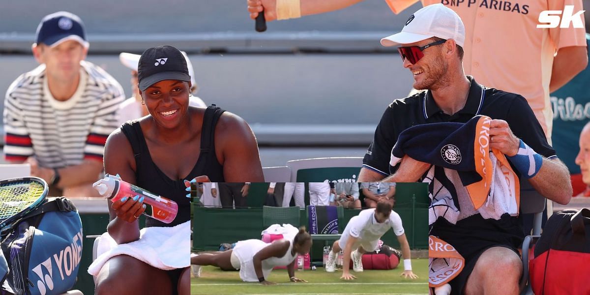 Taylor Townsend (L) and Jamie Murray (R) perform push-ups at Wimbledon (inset)