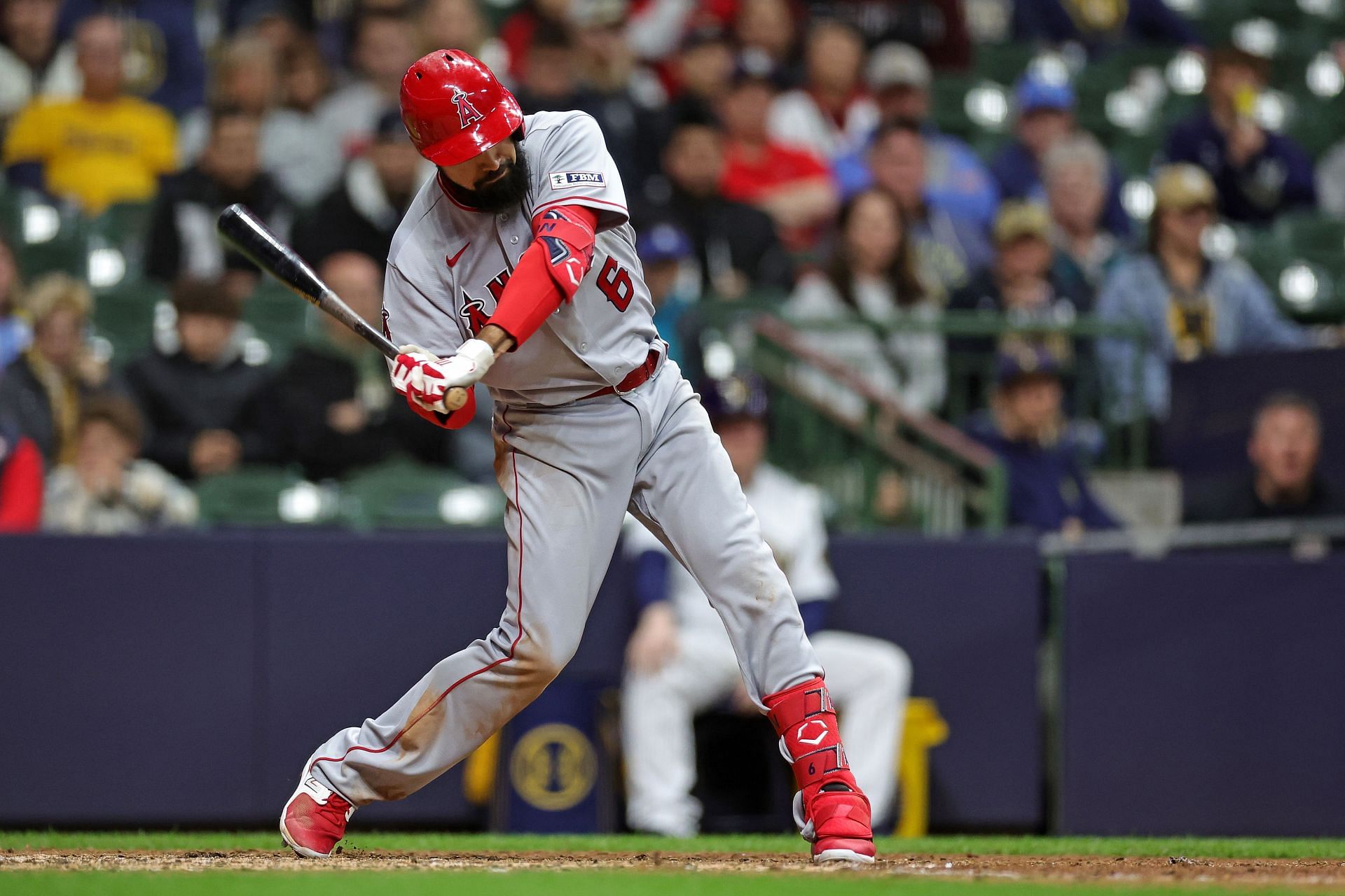 Anthony Rendon of the Los Angeles Angels at bat against the Milwaukee Brewers at American Family Field