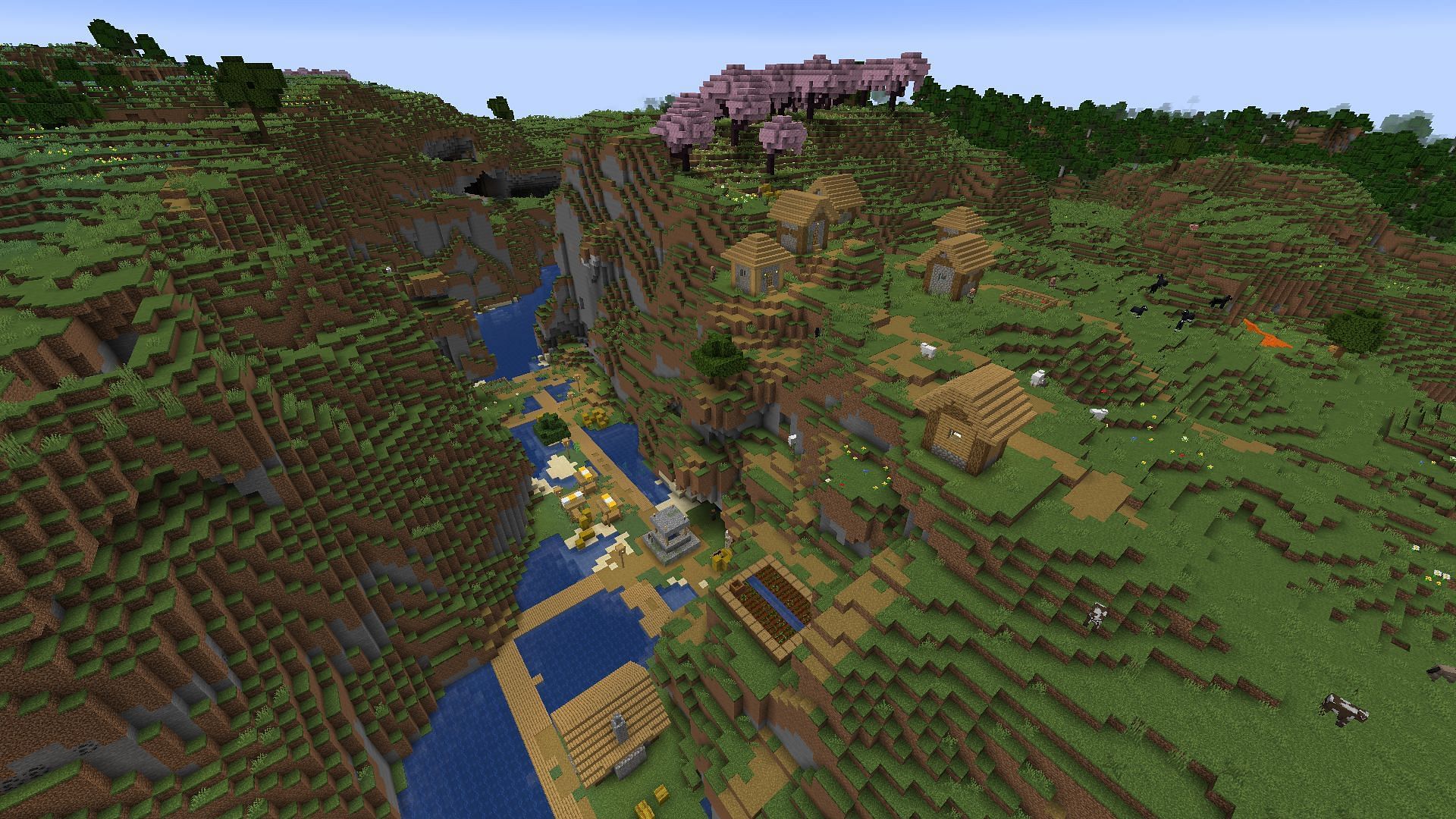 Игроки Minecraft могут исследовать это сид, чтобы найти деревни, аванпосты и древние города (Изображение взято с Mojang)