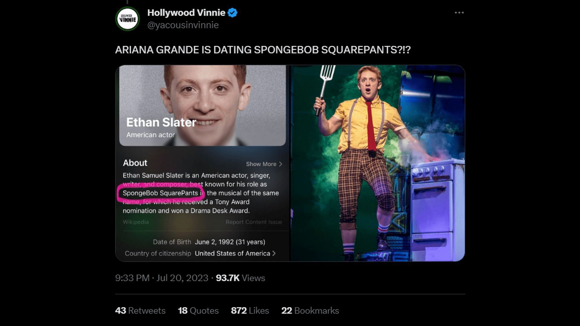 A netizen making fun of Grande-Slater dating rumors. (Image via Twitter/Hollywood Vinnie)