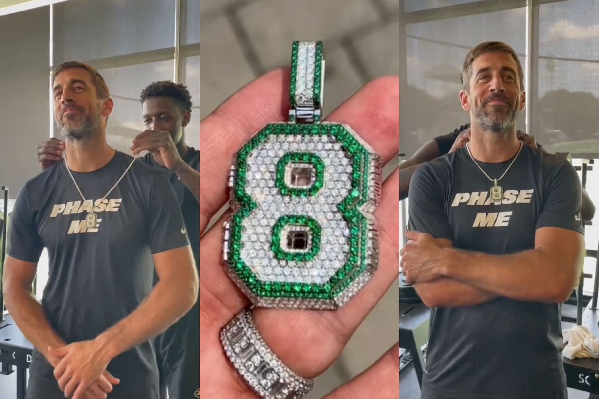 Aaron Rodgers gets custom No. 8 diamond-studded chain gifted from Sauce Gardner